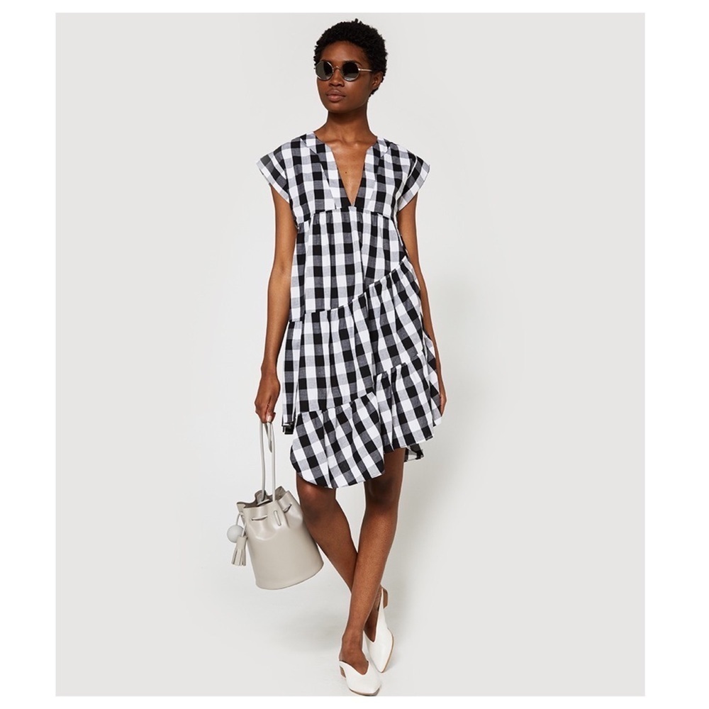 FARROW Chaumont Dress in Black and White Buffalo Check, Asymmetrical Hem, Size S